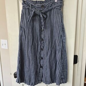 Linen Striped Blue Button-Front Paperbag Waist Skirt
